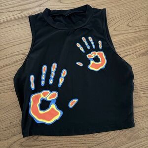 SHEIN Black Crop Top with Colorful Handprint Design